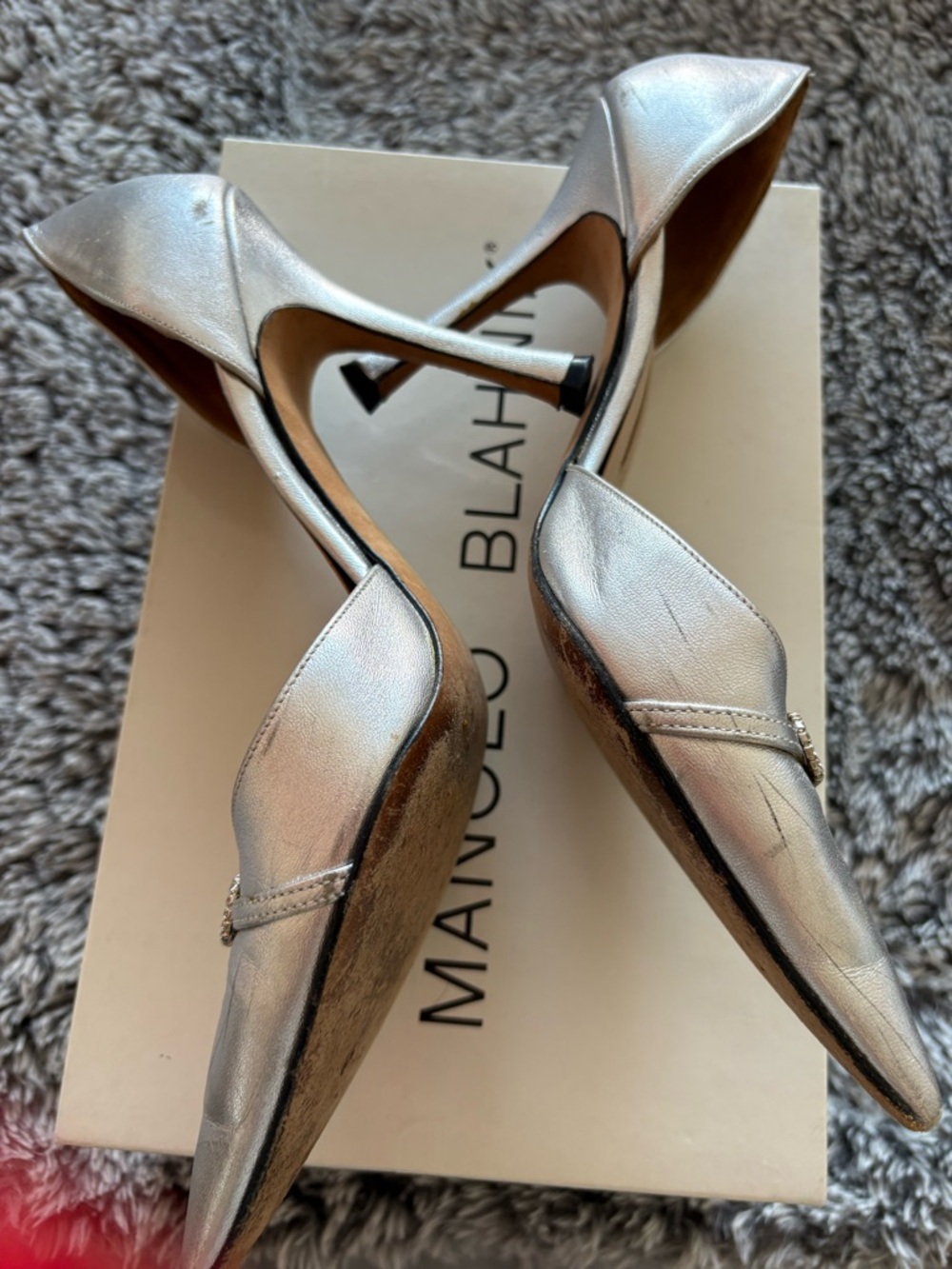 Manolo Blahnik Trolopado Silver Nappa Leather D'Orsay Pumps with Crystal Buckle. - Picture 3 of 15